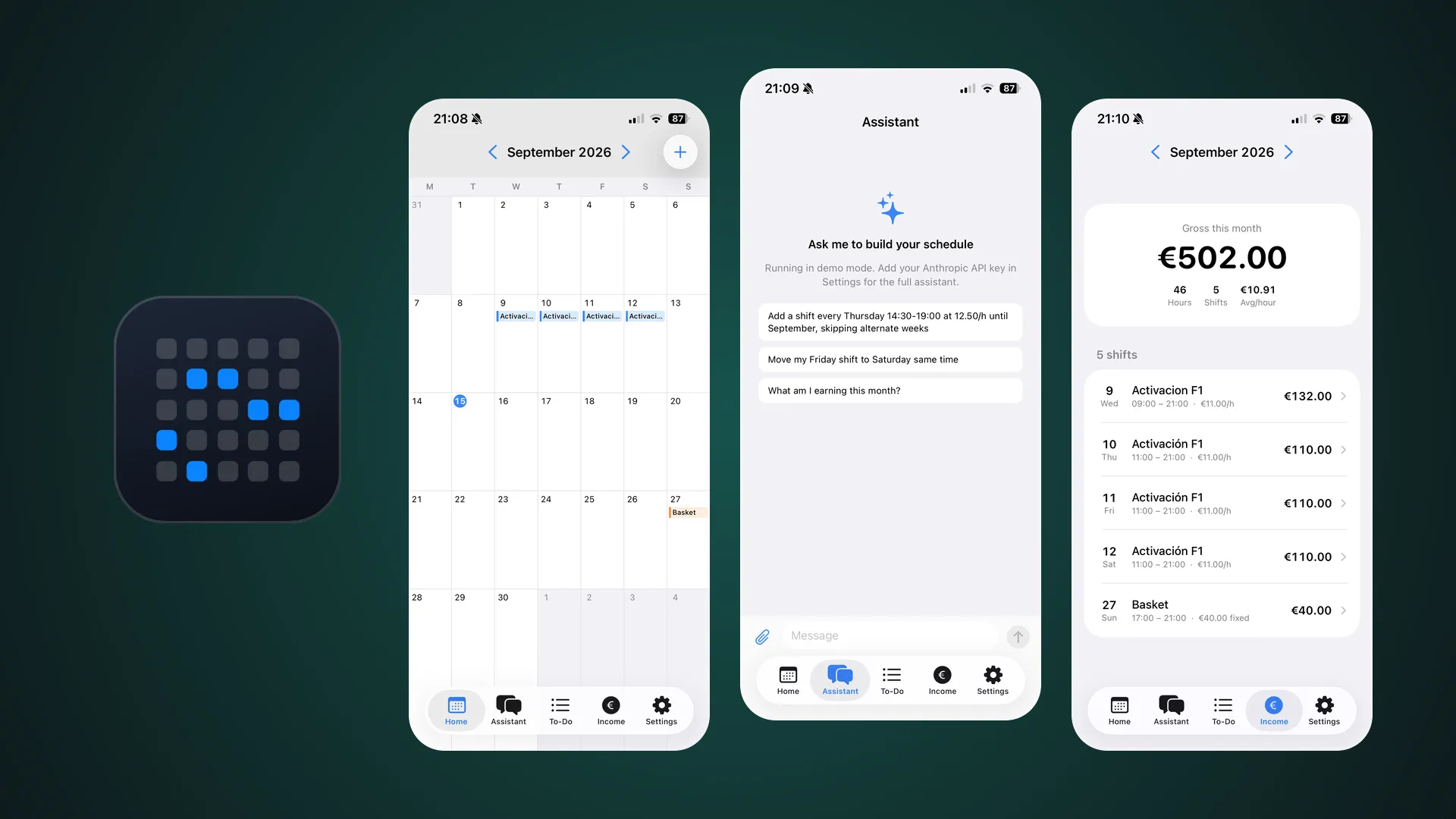 Shift iOS app: calendar, assistant and income screens